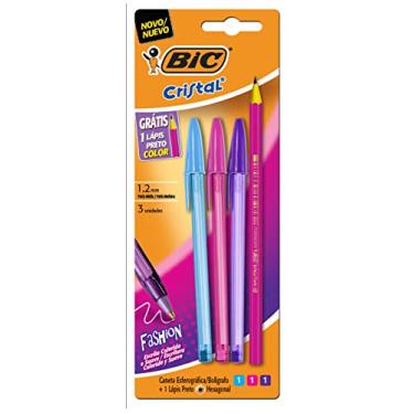 Imagem de Kit BICcom 3 Canetas Cristal Fashion Ponta Média + 1 Lápis Preto HB Sextavado Colors, 971073, 4 Unidades