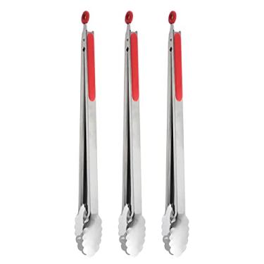 Imagem de UPTALY Pegador de churrasco extra longo de 45 cm (3 peças, vermelho), pinça de grelha de aço inoxidável com alça longa, pinça de comida de tamanho grande, pinças de carne espessas, pinça de servir para cozinhar, grelhar, churrasco, buffet