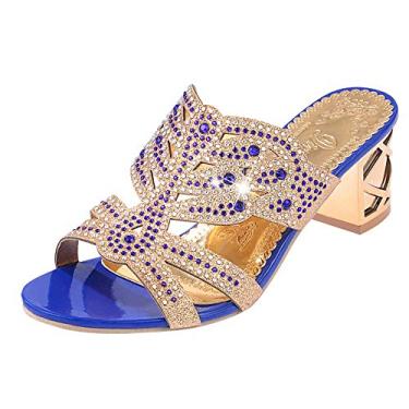 Imagem de Chinelos femininos de strass para mulheres moda sapatos de dedo aberto salto boêmio botas femininas chinelos com sola (azul, 41)