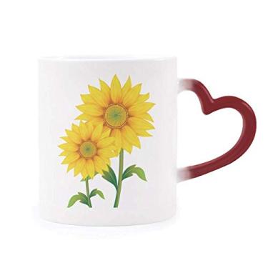 Imagem de Caneca de flor de girassol amarelo verde planta sensível ao calor Caneca vermelha muda de cor grés copo