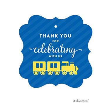 Imagem de Andaz Press Etiquetas de presente com moldura extravagante de aniversário, obrigado por celebrar conosco, trem, pacote com 24, para presentes e lembrancinhas de festa