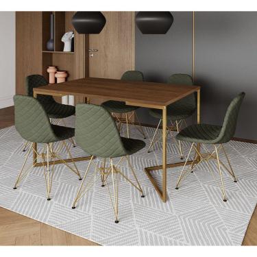Imagem de Mesa Jantar Industrial Amêndoa Base V Dourada 137x90cm 6 Cadeiras Dourada Estofadas Verdes