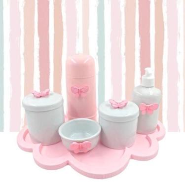 Imagem de Kit Higiene Porcelana Nuvem Rosa Tema Borboleta Garrafa Rosa 6Pçs - Tg