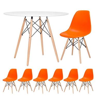 Imagem de Loft7, Kit - Mesa redonda Eames 100 cm branco + 6 cadeiras Eiffel Dsw Laranja