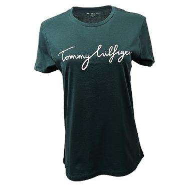Imagem de Tommy Hilfiger Camiseta feminina de algodão de desempenho – Camisetas estampadas leves, Verde floresta (logotipo com texto), GG