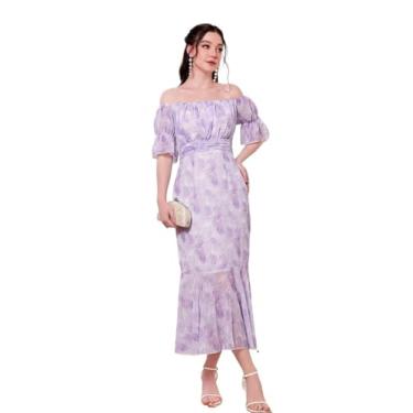 Imagem de Camisa Feminina Floral Print Off Shoulder Ruffle Hem Dress (Color : Purple, Size : CH)