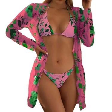 Imagem de Biquíni feminino de 3 peças, alças finas, cintura alta, estampa floral, triângulo, frente única, roupa de praia, Rosa choque, GG