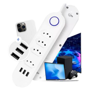 Imagem de Régua Extensão Elétrica Filtro de Linha Tripolar 4 Tomadas 3 Usb, 10 Amperes, Cabo 2 Metros, Bivolt, Botão Liga/Desliga, RV Globi.