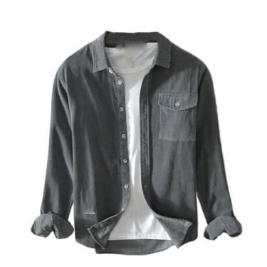 Imagem de Camisa masculina de manga comprida outono inverno fresco retrô veludo cotelê sólido bolso camisa solta, Cinza escuro 9, GG