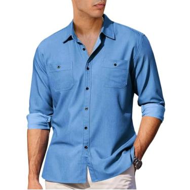 Imagem de Runcati Camisa masculina casual de botão, manga comprida, caimento justo, cambraia com bolsos, Azul, G