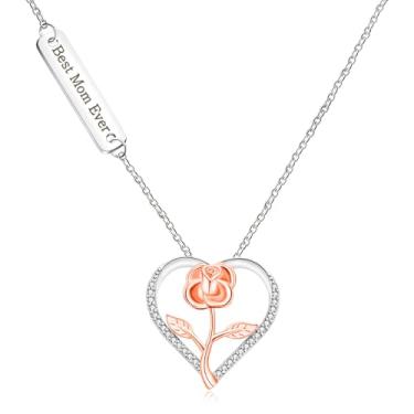 Imagem de Tobestu Colar com pingente de flor rosa em coração de zircônia cúbica elegante e bonita para o Dia das Mães, Gravado Always Mom Forever Friend/Best Mom Ever/Mom I Love You Always and Forever YA4692,