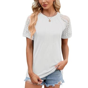 Imagem de Blostirno Camisetas femininas de verão plissadas gola redonda patchwork renda manga curta blusas elegantes casuais, Branco, M