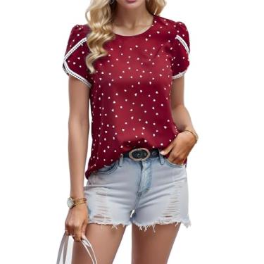 Imagem de Cnlinkco Blusa feminina casual de verão, gola redonda, renda, crochê, manga curta, linda estampa floral, Vermelho, M