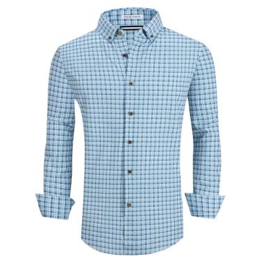 Imagem de Alex Vando Camisa masculina de botão sem rugas 4 vias com estampa elástica casual, Azul/azul marinho/verde, G