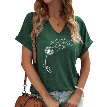 Imagem de Dandelion Shirts Camiseta feminina com gola V e girassol flores silvestres estampa casual, Verde - 1, M