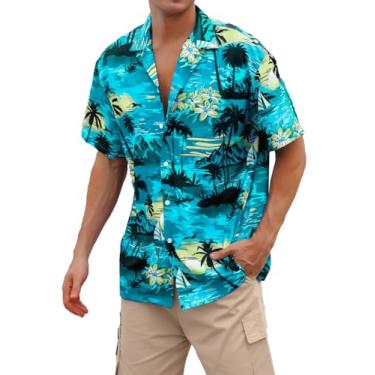 Imagem de Cromoncent Camisa havaiana masculina e masculina manga curta gola cubana tropical férias verão praia camisas, Azul-petróleo havaiano, M