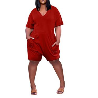 Imagem de Aniywn Conjuntos de duas peças para mulheres plus size verão manga curta top shorts conjuntos de shorts esportivos com cintura elástica gola redonda, C - vermelho, M