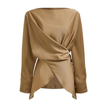 Imagem de CHICWISH Blusa feminina de seda de cetim de manga comprida com cintura cruzada e gola canoa elegante para festa, Bronzeado, P