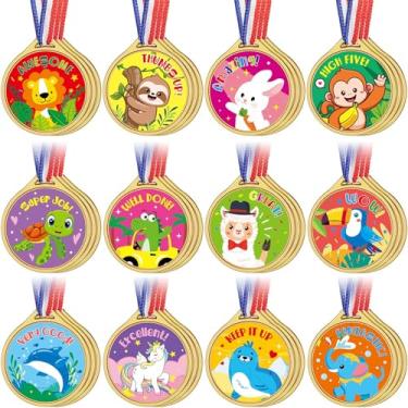Imagem de 36 peças de medalhas de prêmio de plástico dourado adesivos motivacionais para crianças professores adesivos de recompensa material escolar para festa esportiva sala de aula motivação e treinamento