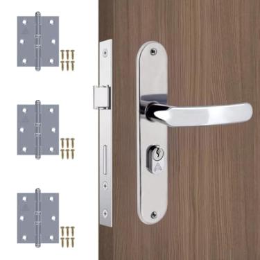 Imagem de Fechadura Para Porta Externa Perfil Aredondado Aço Inox Polido Cromado + Dobradiças Aço Zincado Pino Bola