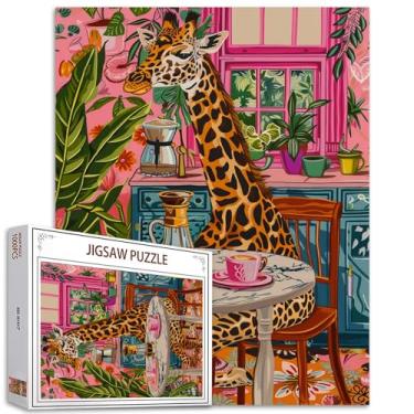 Imagem de Quebra-cabeça animal/vida selvagem 1000 peças para adultos linda pintura girafa quebra-cabeça plantas domésticas tropicais 1000 peças jogo decoração de parede casa artesanato cozinha cena