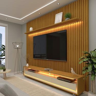 Imagem de Rack Com Painel Ripado Para Tv Até 85 Polegadas Led 3 Gavetas Com Rodízios 230cm Gelius Naturale Naturale