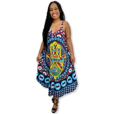 Imagem de Vestido Trapézio Indiano Alça Estampa Mão Fátima Olho grego - Sarat Mo