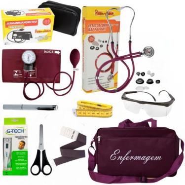 Imagem de Kit de enfermagem vinho premium com esfigmomanômetro e estetoscópio