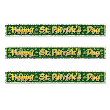 Imagem de Beistle Faixas metálicas de 1 dobra franjadas Happy St Patrick's Day 3 peças decorações de festa trevo 19 x 15 cm, verde/verde claro/dourado/prata