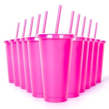Imagem de Whaline 12 peças de copos de plástico rosa choque com tampas planas canudo 680 g copos reutilizáveis para meninas copos de plástico para viagem de café gelado, sucos, bebidas, aniversário, chá de