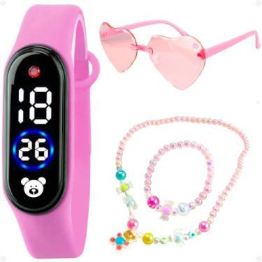 Imagem de Kit Infantil Orizom Kids – Relógio Digital LED Bracelete Rosa, Colar de Miçangas Coloridas e Pulseira com Pingente Risinho