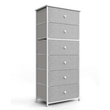 Imagem de Cômoda alta de tecido para quarto, torre organizadora de armazenamento vertical com 6 gavetas, cômoda com caixas, moldura de aço, tampo de madeira para quarto, armário, entrada cinza claro