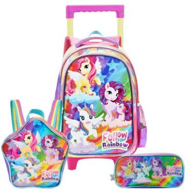 Imagem de Kit Mochila De Rodinhas Lancheira Estojo Unicórnio Rainbow - Denlex, U