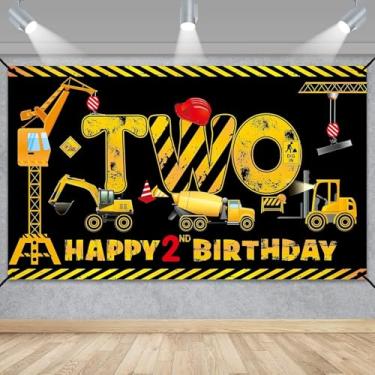 Imagem de Decoração de banner de 2º aniversário de construção para meninos crianças caminhão basculante tema de construção dois artigos de festa de aniversário escavadeira guindaste escavadeira placa de faixa