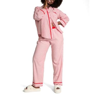 Imagem de Victoria's Secret Conjunto de pijama de flanela rosa, camisa e calça de botão de manga comprida, roupa de dormir feminina (PP-2GG), Listras vermelhões brilhantes, M