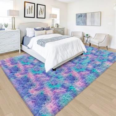 Imagem de JiaoBaba Tapete tie-dye roxo arco-íris para sala de estar 1,5 x 2,4 m macio moderno tapete felpudo tapete de cabeceira para quarto de crianças, meninos, adolescentes, berçário, bebê, escritório,