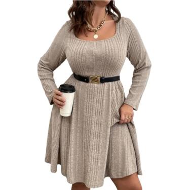 Imagem de Vestido feminino plus size casual, gola quadrada, manga longa, lanterna, amarrado, cintura larga, pulôver, suéter, vestidos, Cinto Graywhn0, 3G