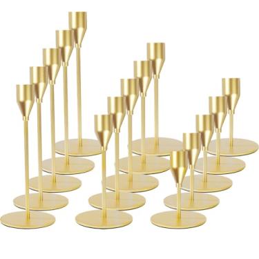 Imagem de KDJFIIH Conjunto de 15 castiçais de ouro fosco, castiçais de ouro, cabem velas decorativas de 2,3 cm, candelabro de metal decorativo para decoração de mesa de jantar de festa de casamento,