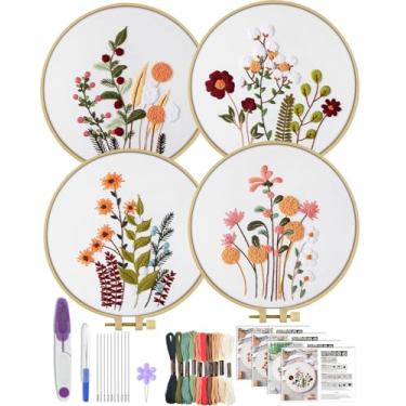 Imagem de ERKOON 4 conjuntos de kit de bordado para iniciantes, conjunto de beija-flor e ponto cruz para incluir argolas de pano de bordado para ponto de mão para amantes de artesanato (flores e plantas)