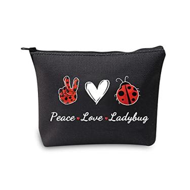 Imagem de JXGZSO Bolsa de maquiagem com símbolo de joaninha Good Luck com zíper, presentes para mulheres, bolsa de cosméticos Peace Love Ladybug, Peace Love Ladybug preto, Casual