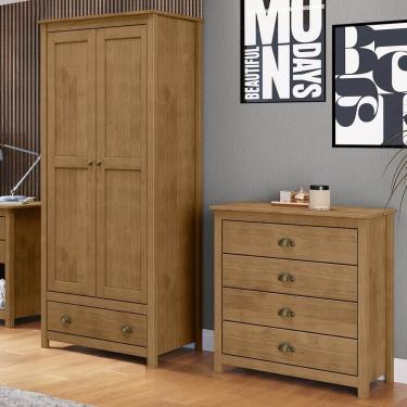 Imagem de Conjunto Quarto Guarda-Roupa 2 Portas, Cômoda 4 Gavetas Freijó Topázio Madeira Pinus -...