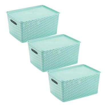 Imagem de Kit 3 Caixas Organizadoras C/ Tampa Grande 15 L Rattan Verde - Plasnor