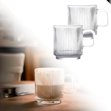 Imagem de 02 Xícaras De Café Vidro Canecas Canelada Grande Com Alça Graffiato Clássicas 350 Ml Frizado Chá Transparente Bebidas Quentes Frias Conjunto De Copos Americano Cappuccino Ripado Friso