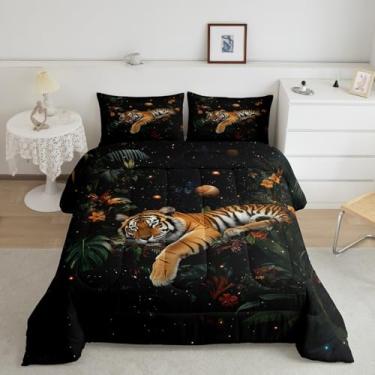 Imagem de Conjunto de edredom casal de tigre selvagem, animais de safári, plantas, decoração de quarto de crianças, animais selvagens, botânico, 3 peças, inserção de edredom e galáxia do universo misterioso