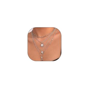 Imagem de Rrdaily Colar feminino com pingente de pedra da lua e sol em camadas de ouro 14K delicado com clipe de papel, coração e strass, joias para festas de fim de ano, Large, Metal, Sem Pedra Preciosa