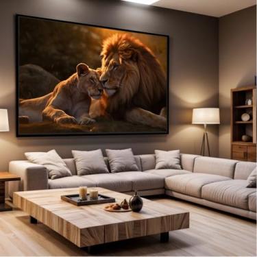Imagem de Quadro Decorativo com Moldura Sala 40x60 Leoa e Leão Por do Sol Luxo Grande Horizontal