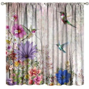 Imagem de Cortinas florais de primavera beija-flor, flor rosa, aquarela, borboleta, beija-flor, natureza, estampa para janela, para quarto, sala de estar, cozinha, decoração, conjunto de 2 painéis, decoração de