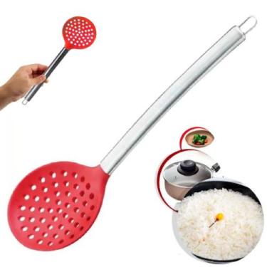 Imagem de Escumadeira De Silicone Cabo Aço Inox 34cm Pegador Servir - 123 Útil