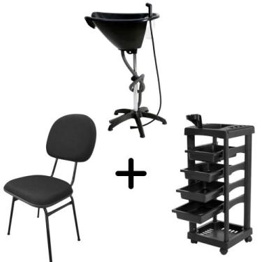 Imagem de kit salão preto carrinho + lavatório portátil + cadeira fixa - SANTA C