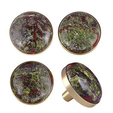Imagem de SUNYIK 4 maçanetas de gaveta de pedra de cristal redondas polidas com parafusos, puxador para armário de cômoda, armário, decoração de porta de escritório, 37 mm, pedra de sangue de dragão